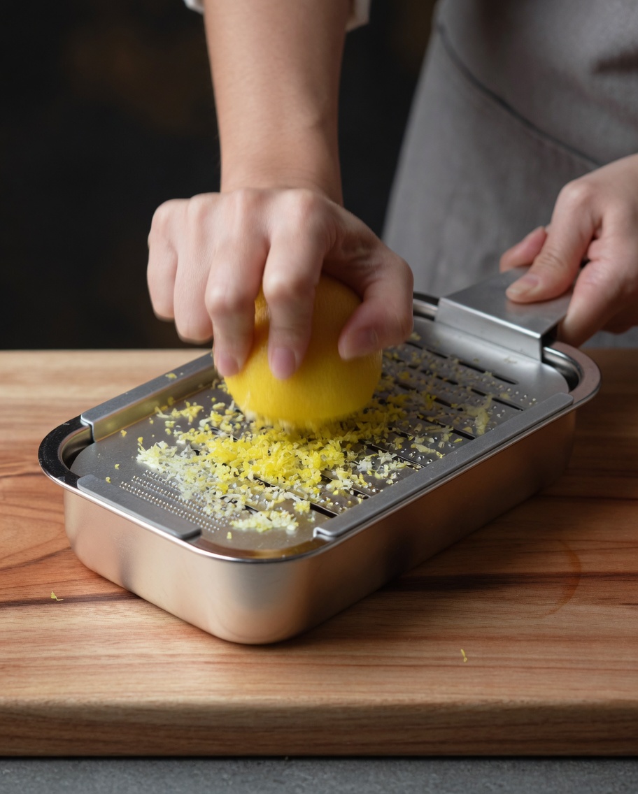 Mains frottant un citron frais contre une râpe en métal au-dessus dun récipient.