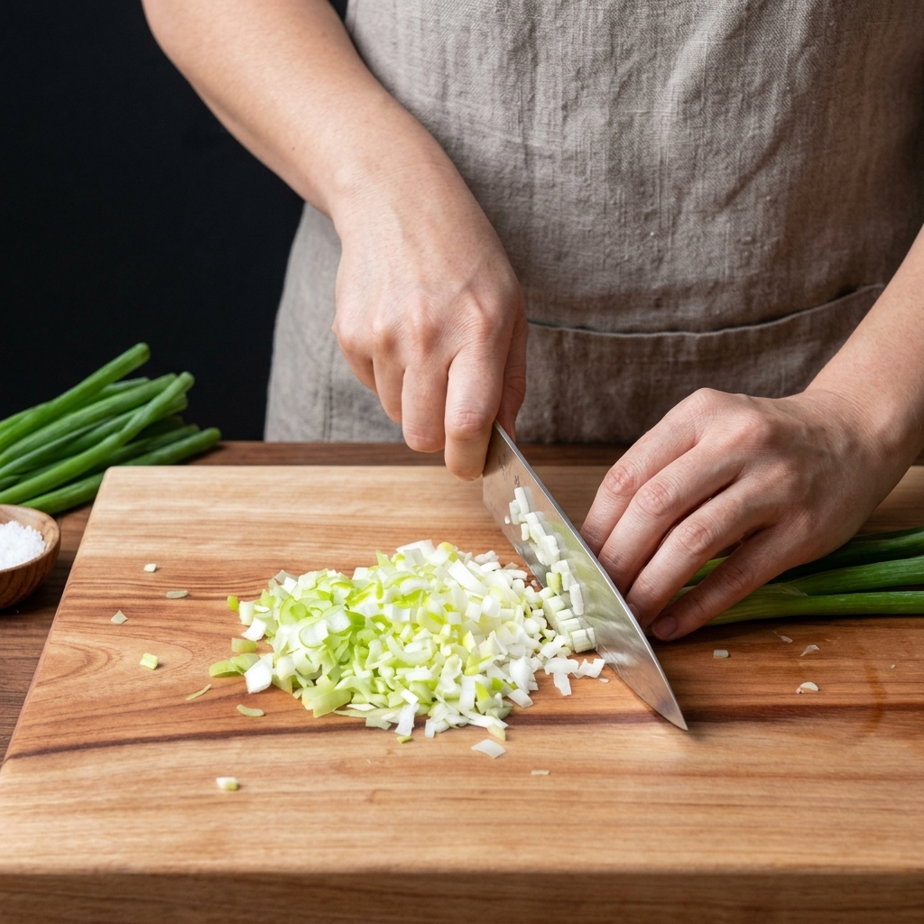 Mains utilisant un couteau de chef pour émincer un oignon vert sur une planche à découper en bois.