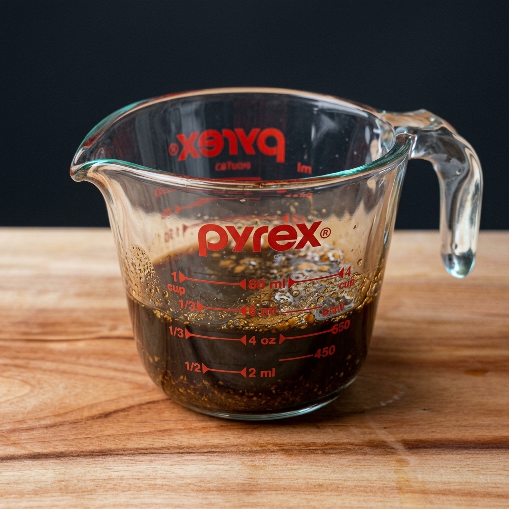 Un verre doseur transparent rempli dun mélange de marinade sombre à base de sauce soja.