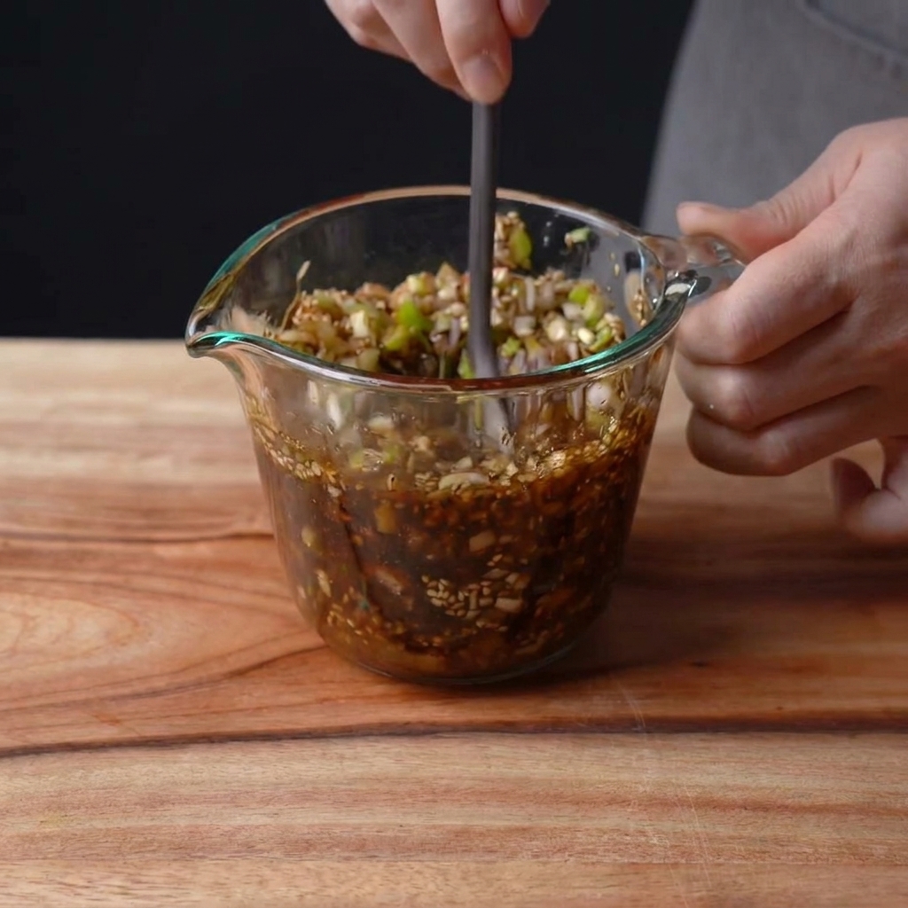 Une main utilisant une cuillère pour mélanger une marinade sombre et épaisse dans un verre doseur transparent.