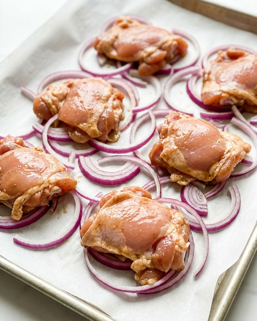 Pilons de poulet marinés disposés sur une plaque de cuisson recouverte de papier sulfurisé, sur un lit doignons rouges.