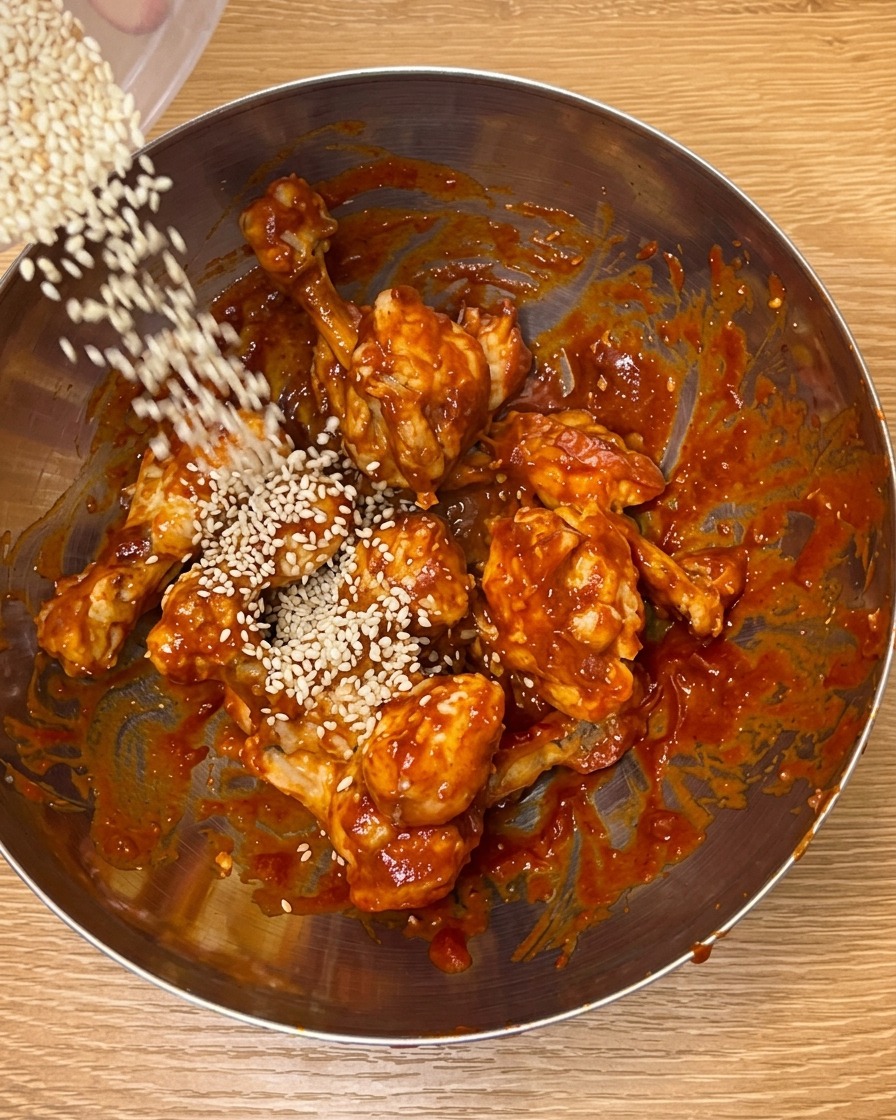 Graines de sésame blanc grillées saupoudrées sur les pilons de poulet glacés.