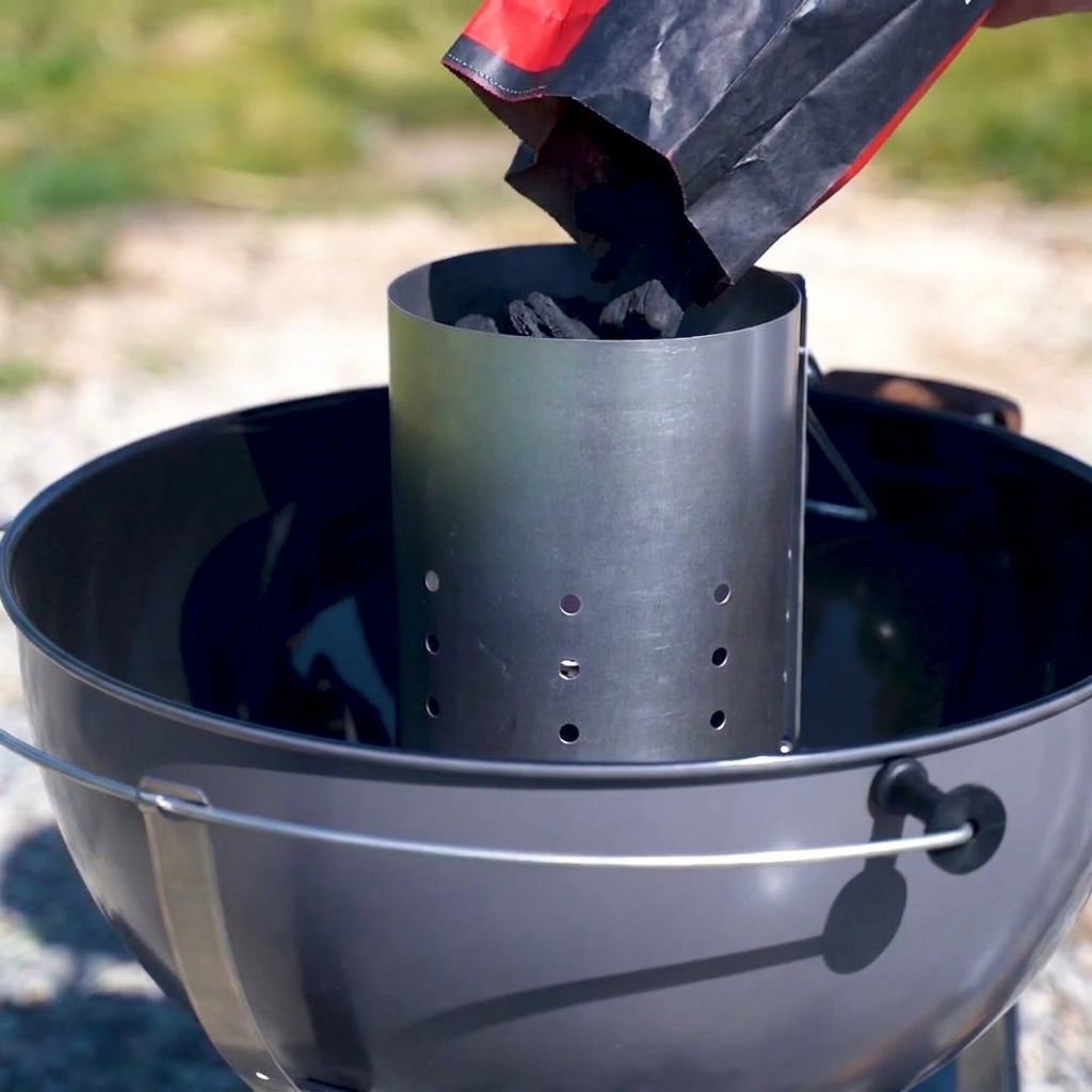 Briquettes de charbon dans une cheminée dallumage en métal prêtes à être allumées.