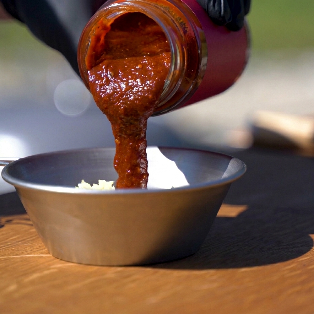Mélange des ingrédients de la sauce coréenne dans un bol en métal.