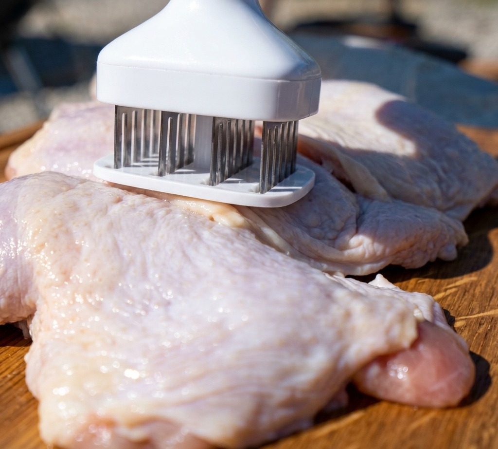Pilons de poulet crus préparés avec un attendrisseur à viande sur une planche.