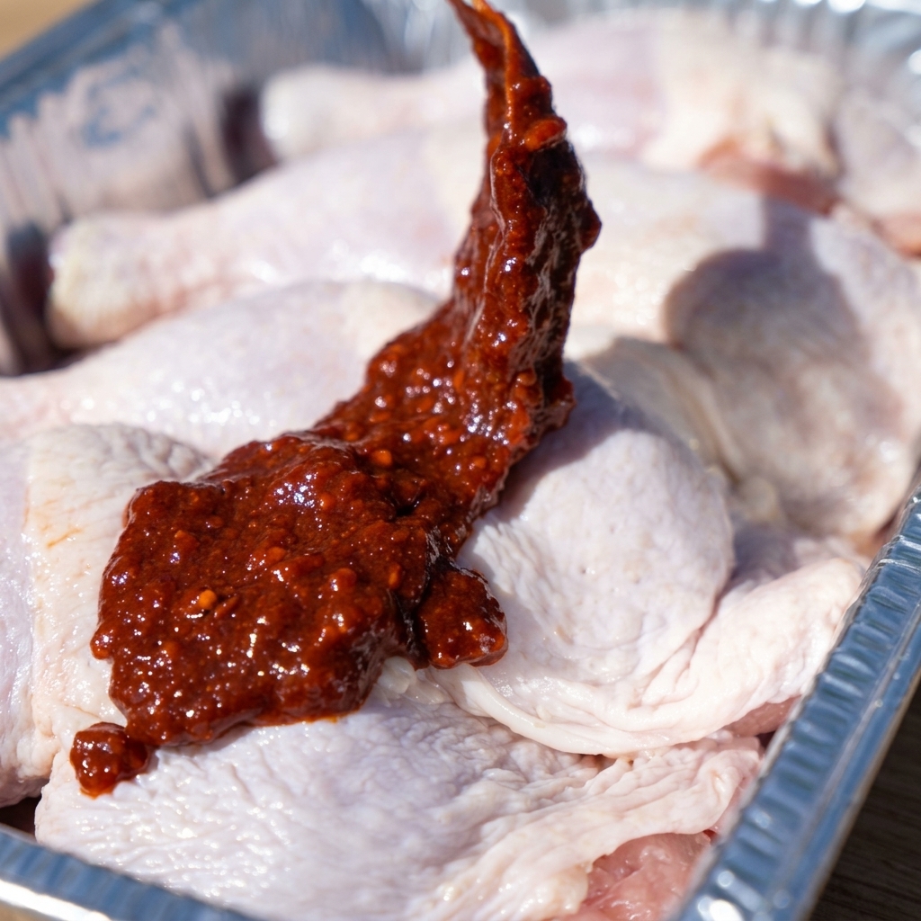 Pilons de poulet dans une barquette en aluminium enrobés dune sauce rouge vif.