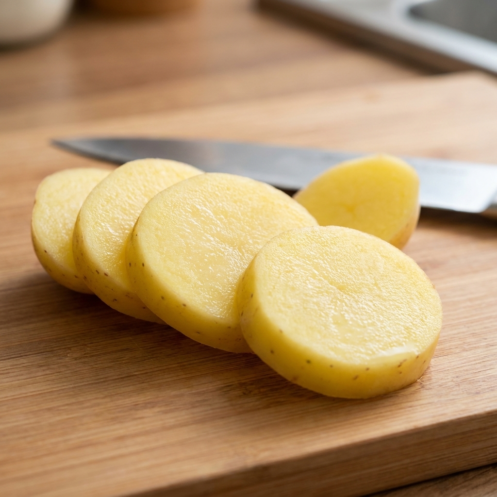 Morceaux de pommes de terre uniformes sur une planche à découper.