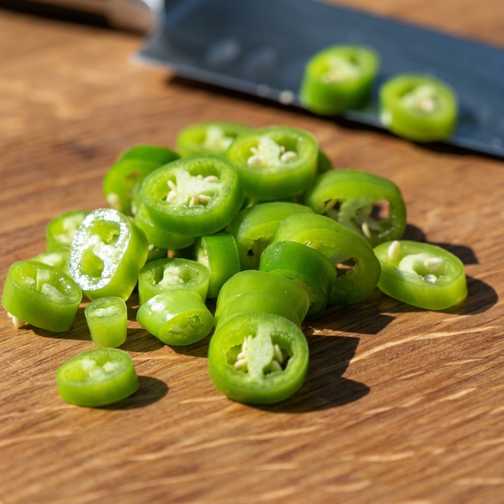 Rondelles de piment vert parsemées sur le lit de légumes dans la barquette.