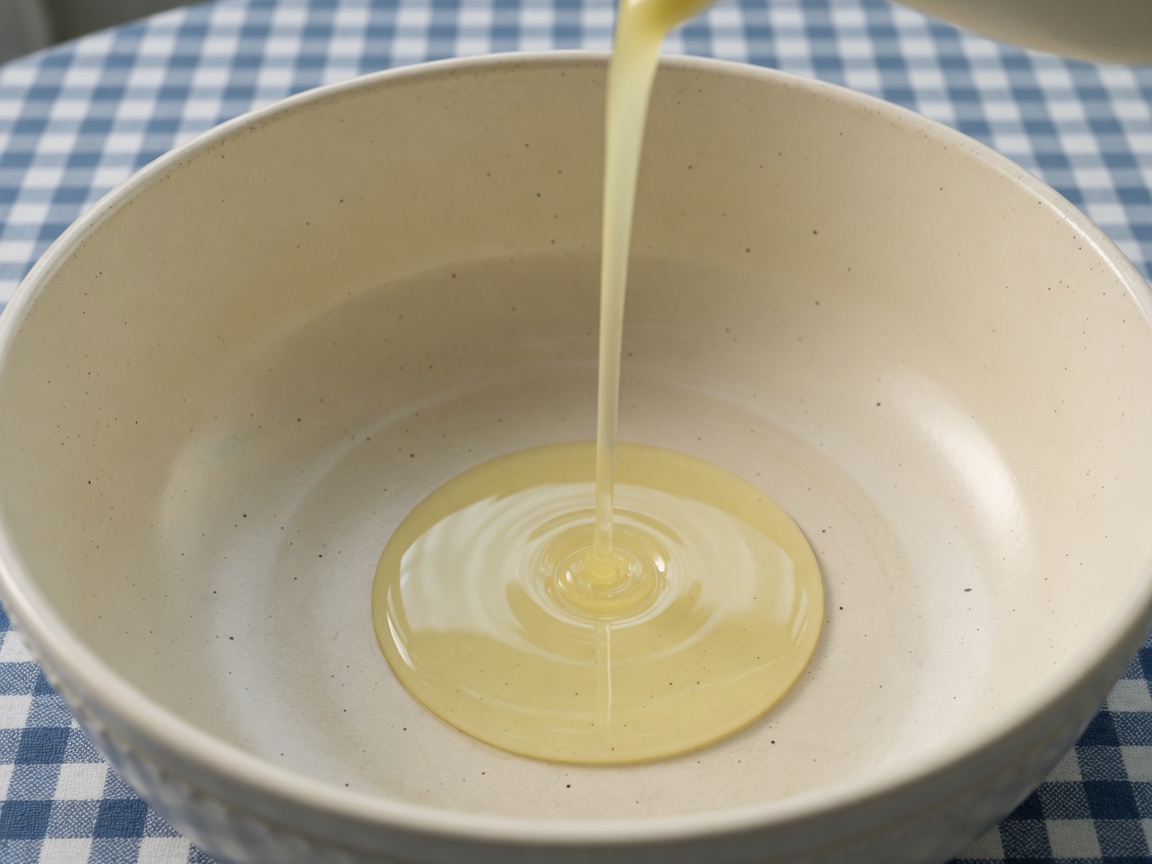 Huile de cuisson versée dans une marmite blanche propre.