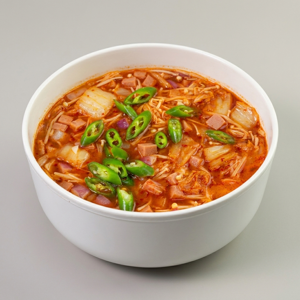 Tranches de piments verts ajoutées dans une marmite de soupe épicée au kimchi et aux champignons en train de bouillonner.