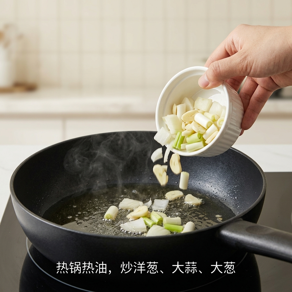 Oignon rouge, ail et oignon vert qui grésillent dans une poêle avec de lhuile chaude.