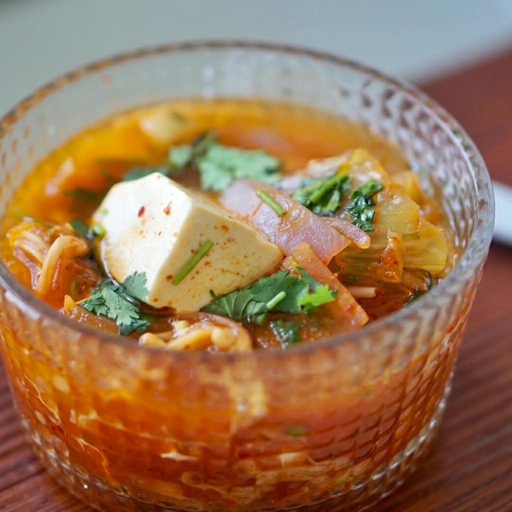 Cubes de tofu soigneusement ajoutés dans la soupe au kimchi frémissante.