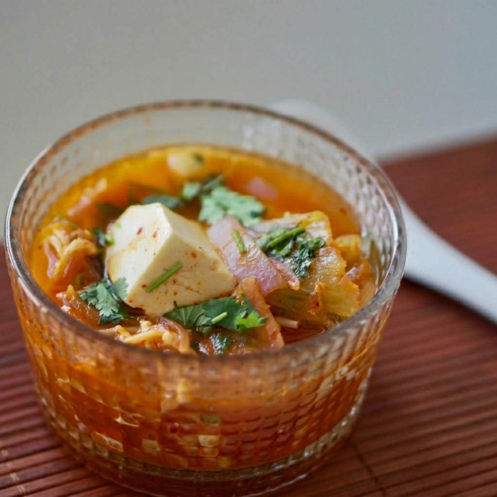 Une cuillerée de pâte de piment coréenne rouge mélangée dans le bouillon de la soupe.