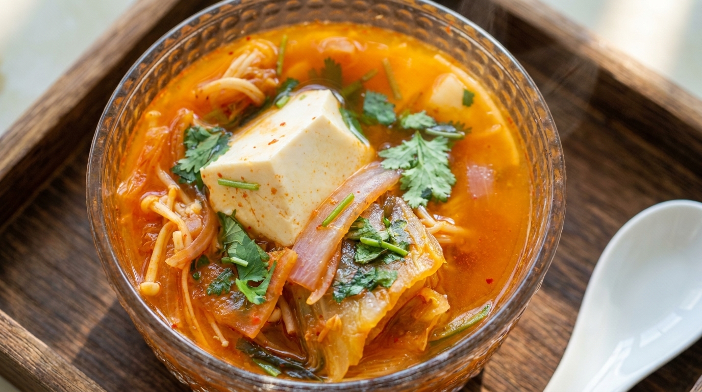 Soupe Coréenne au Kimchi, Tofu et Champignons Enoki
