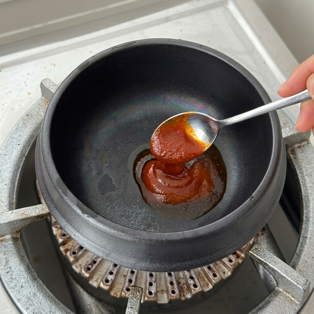 Des tranches doignon blanc et de lail émincé ajoutés dans le pot chaud avec la base au piment.