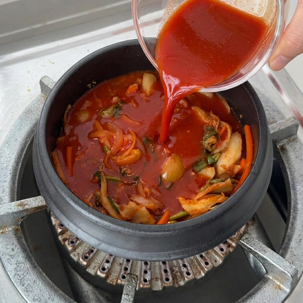 Des tranches de tofu ferme et une botte de champignons enoki déposées dans le bouillon rouge bouillonnant.