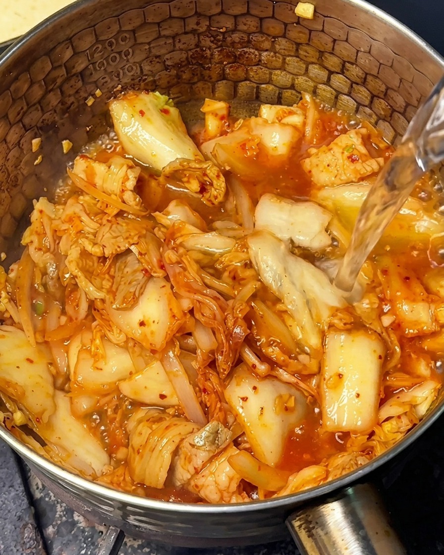 De leau chaude versée sur le mélange de kimchi et porc dans la casserole.