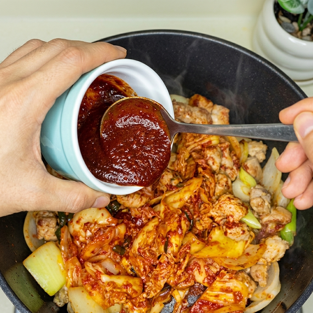 La sauce rouge épaisse versée depuis un petit bol dans la marmite de cuisson.
