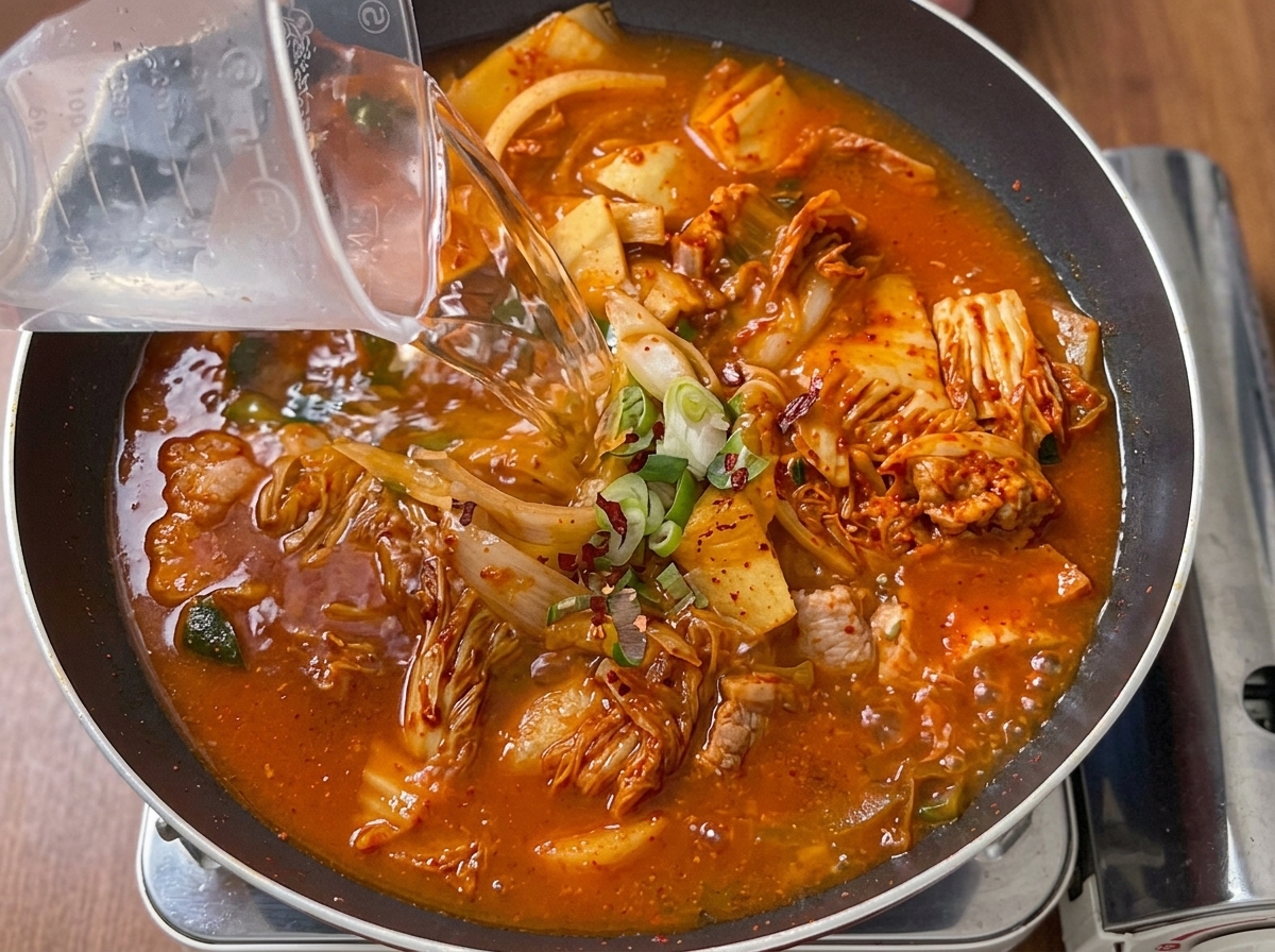 Eau versée depuis une tasse à mesurer dans une poêle remplie de kimchi et de porc sautés.