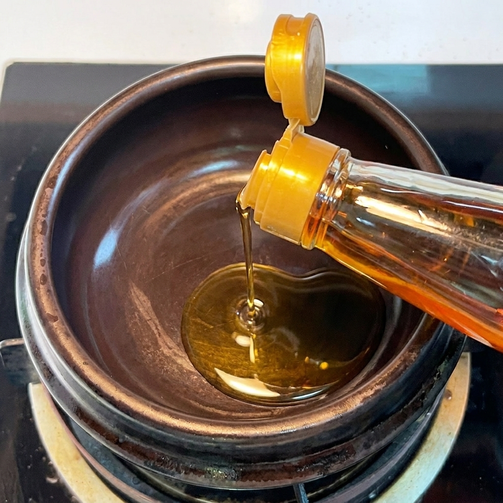 Huile de sésame versée dans un pot en terre cuite noir vide et chauffé sur une cuisinière.