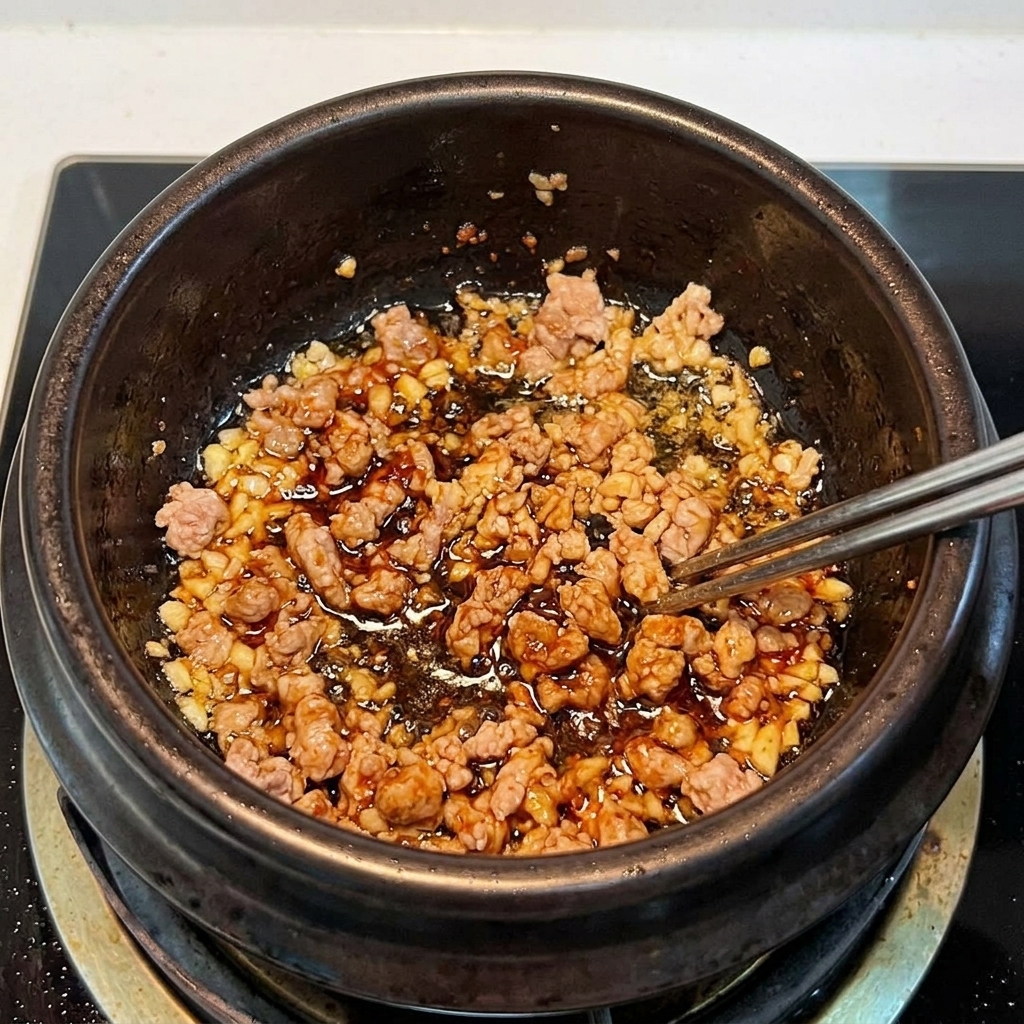 Kimchi tranché et porc haché mélangés dans un pot en terre cuite, sautés jusquà ce quils soient parfumés.