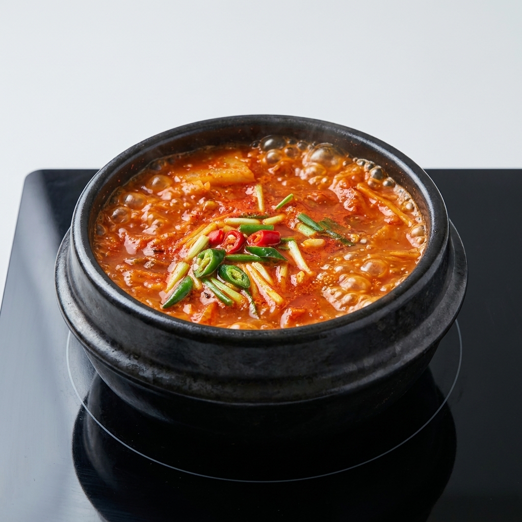 Pâte de piment rouge et pâte de soja mélangées au kimchi et au porc dans un pot chaud.