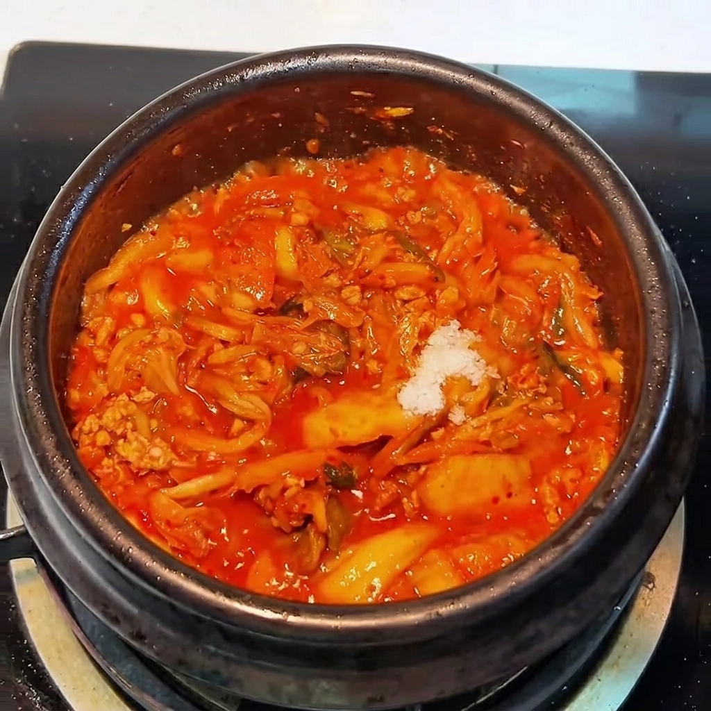 Une petite quantité de sucre blanc ajoutée au mélange de kimchi et de porc mijotant dans le pot.