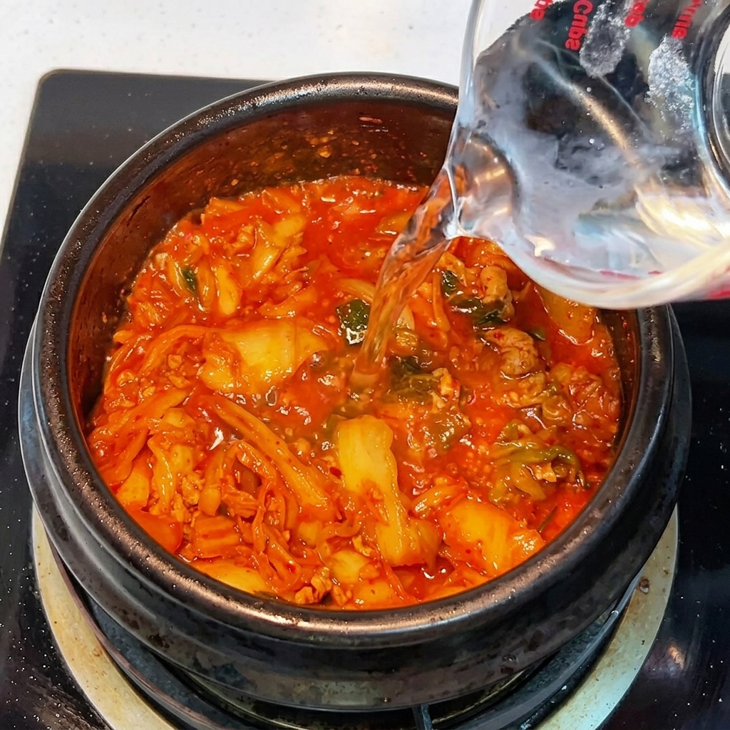 Eau chaude versée depuis un verre doseur dans le pot en terre cuite contenant le mélange de kimchi.