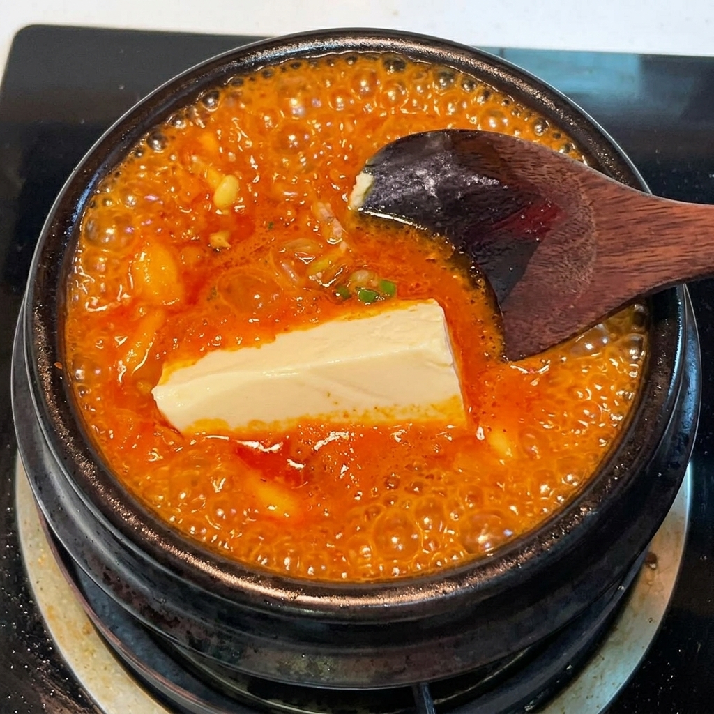 Un bloc de tofu soyeux blanc immergé dans un ragoût de kimchi rouge vibrant et bouillonnant.