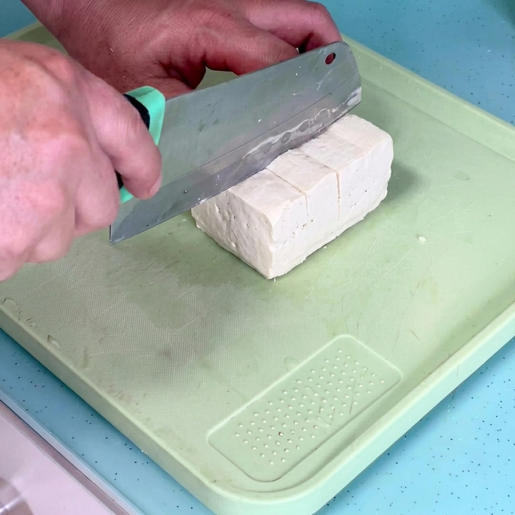 Bloc de tofu coupé en tranches régulières de 0,8 cm sur une planche à découper verte.