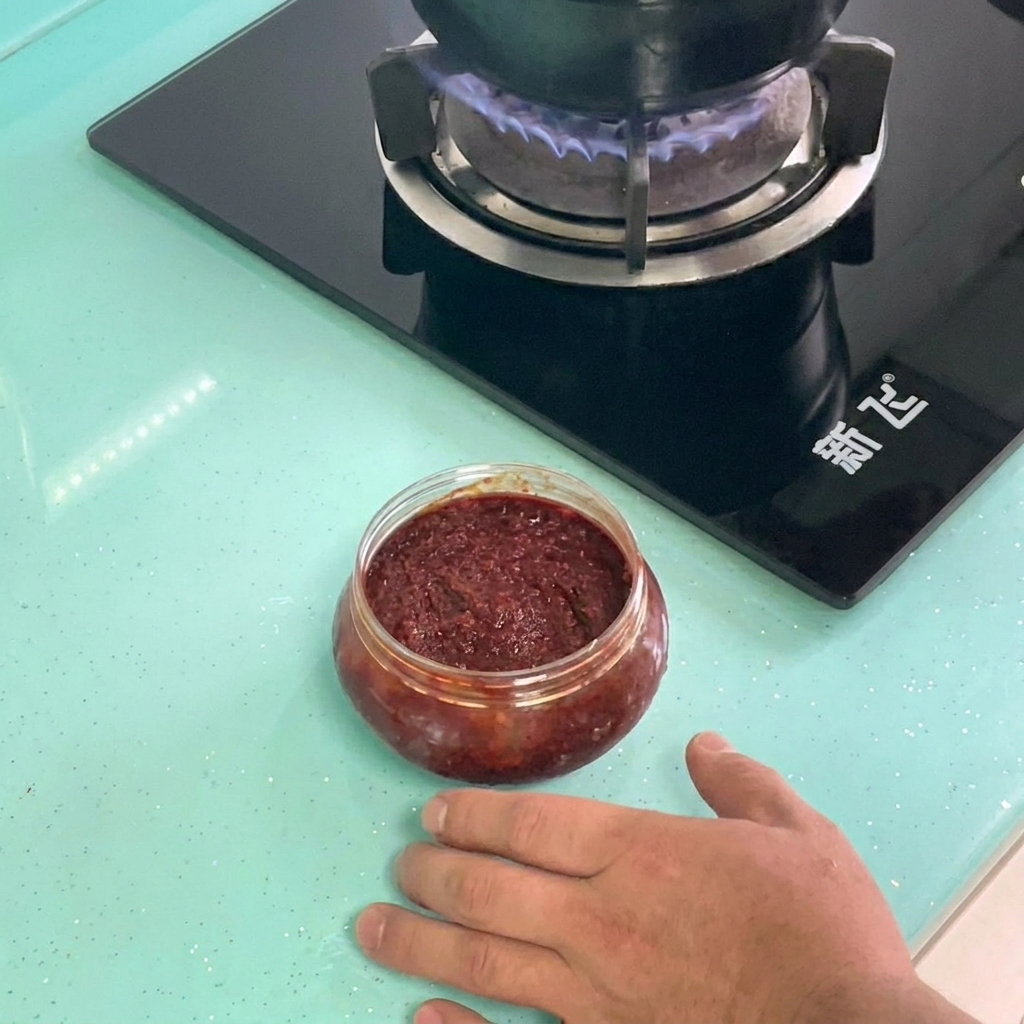 Pâte de piment et pâte de soja coréennes incorporées dans de leau bouillante.