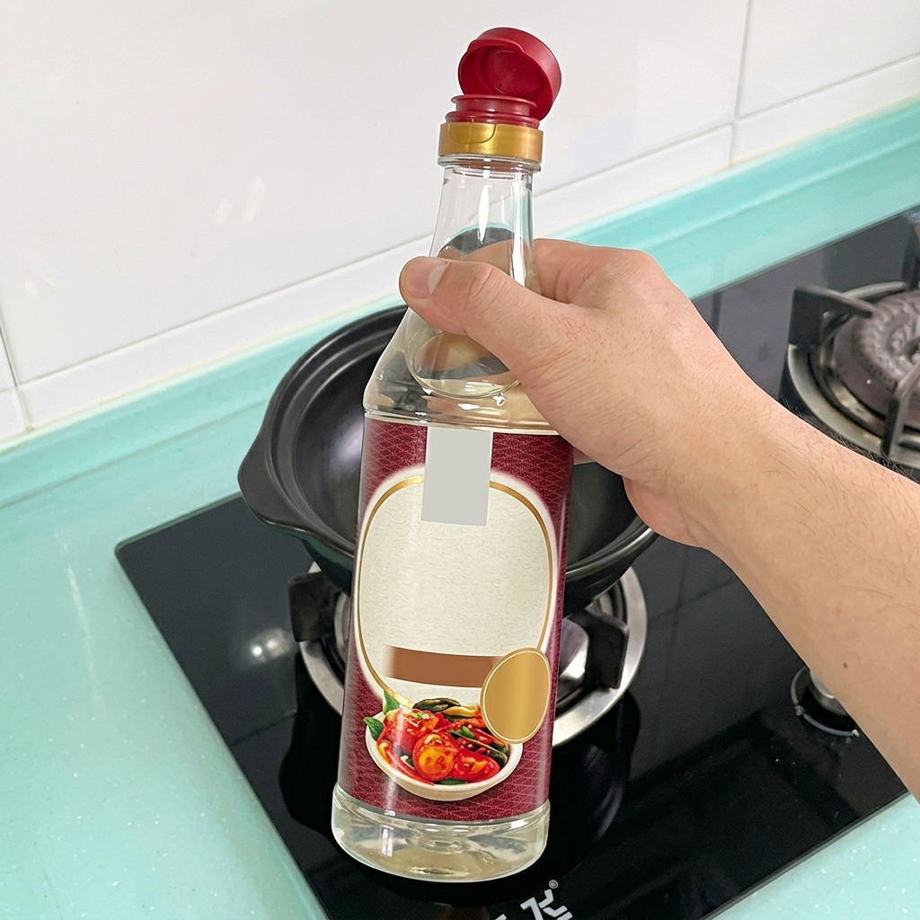 Sauce poisson coréenne versée dune bouteille dans le bouillon rouge frémissant.