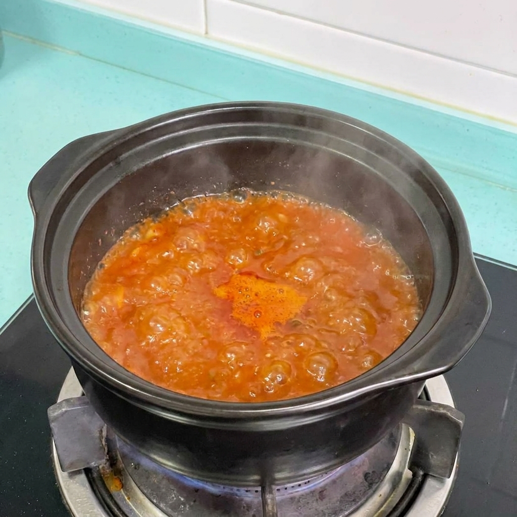 Oignon et tofu ajoutés dans une casserole de ragoût coréen rouge bouillonnant.