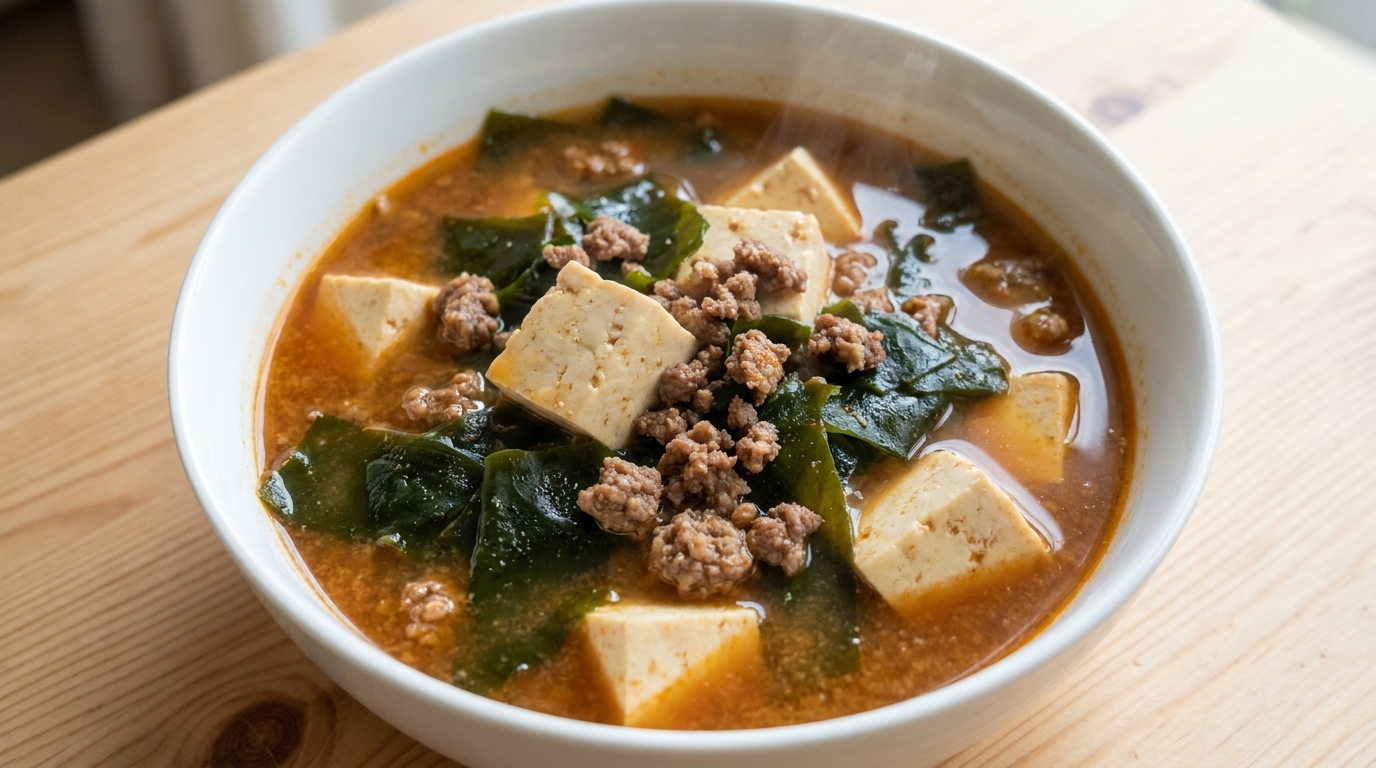 Un bol de soupe coréenne au soja fermenté garni de tofu, dalgues wakame et de bœuf haché.