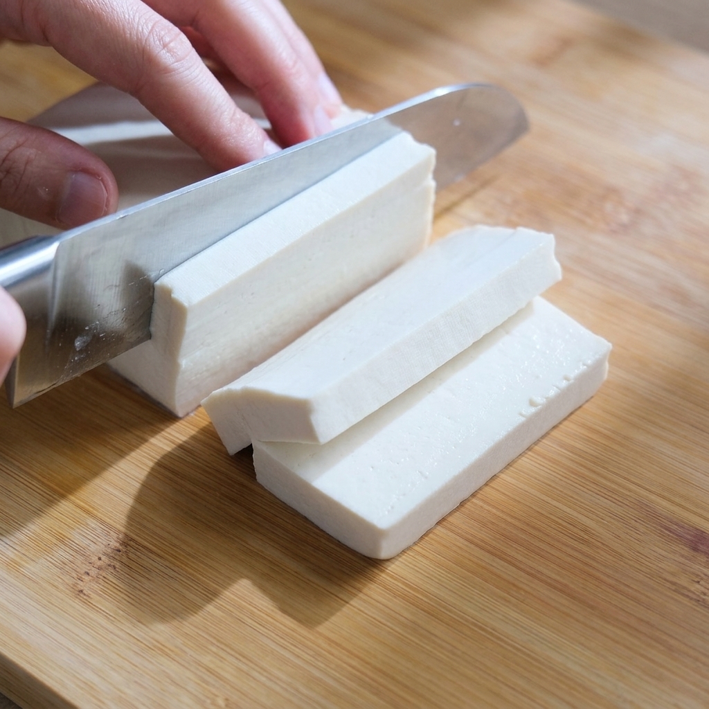 Bloc de tofu ferme découpé en petits cubes réguliers sur une planche.