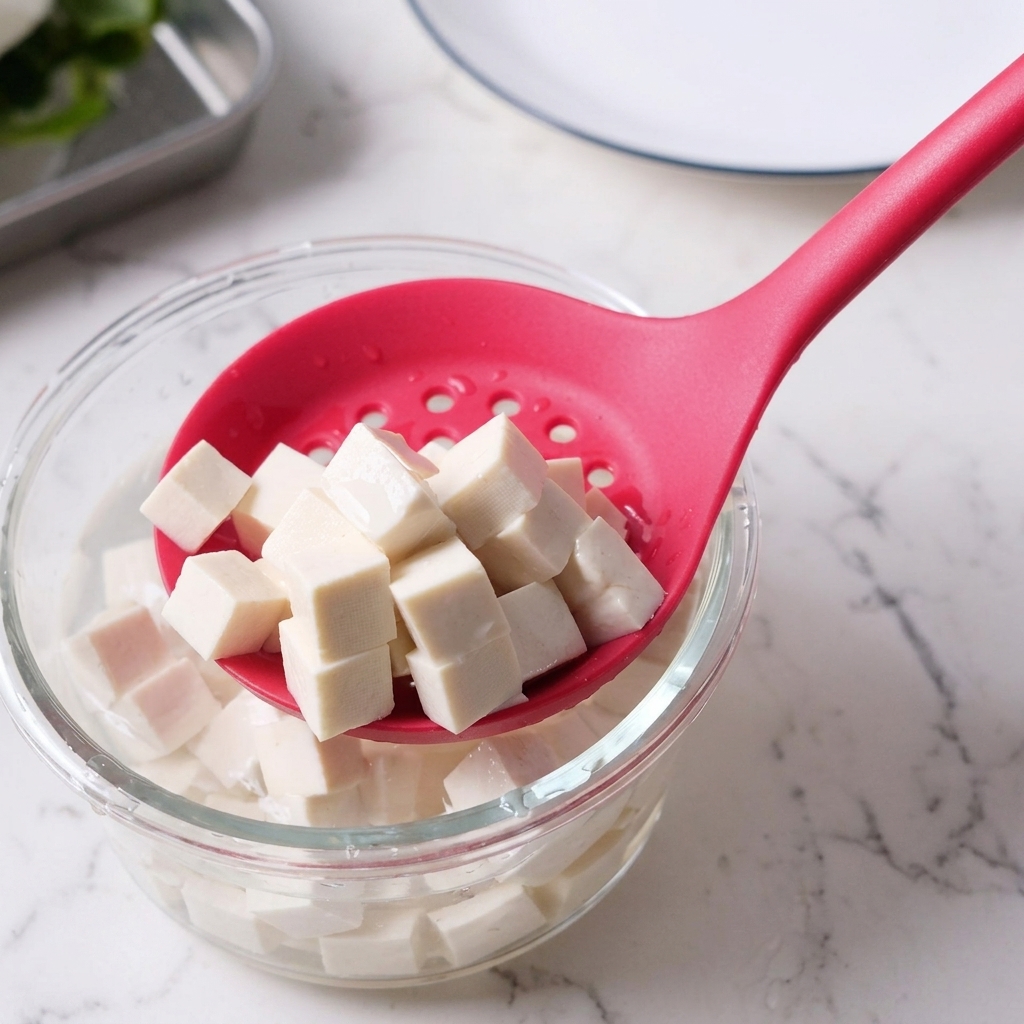 Cubes de tofu retirés dun bol deau avec une cuillère perforée.