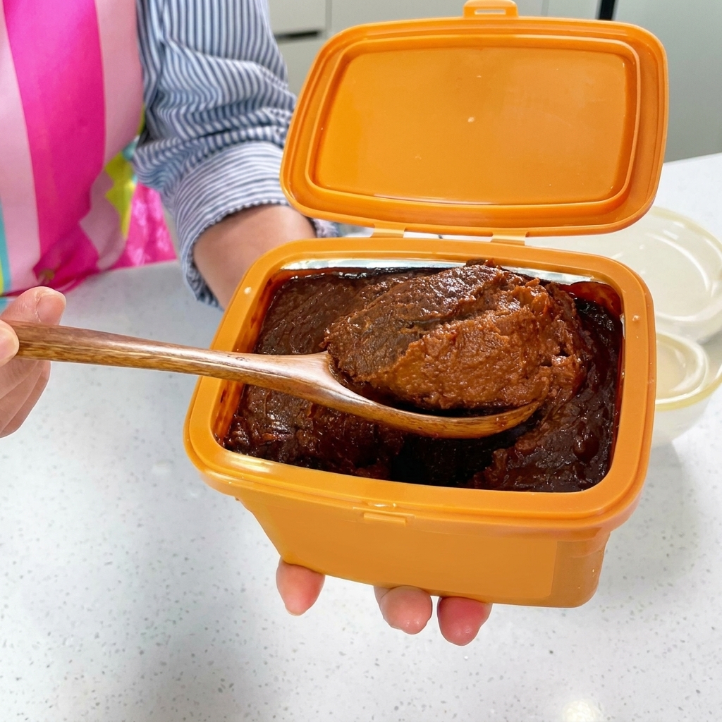 Une grosse cuillerée de pâte de soja épaisse et brune ajoutée dans la marmite deau de riz.