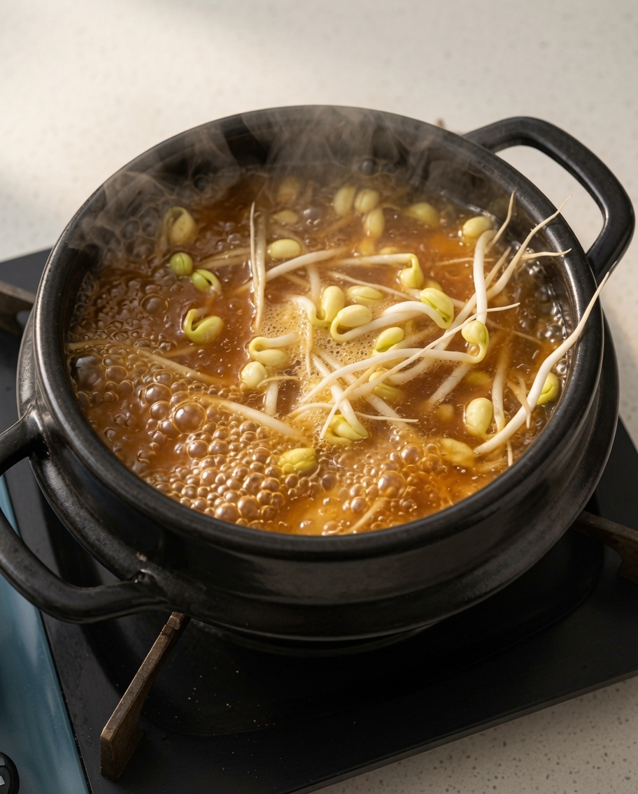 Pousses de soja, tranches doignon blanc et cubes de tofu ajoutés au ragoût bouillant.