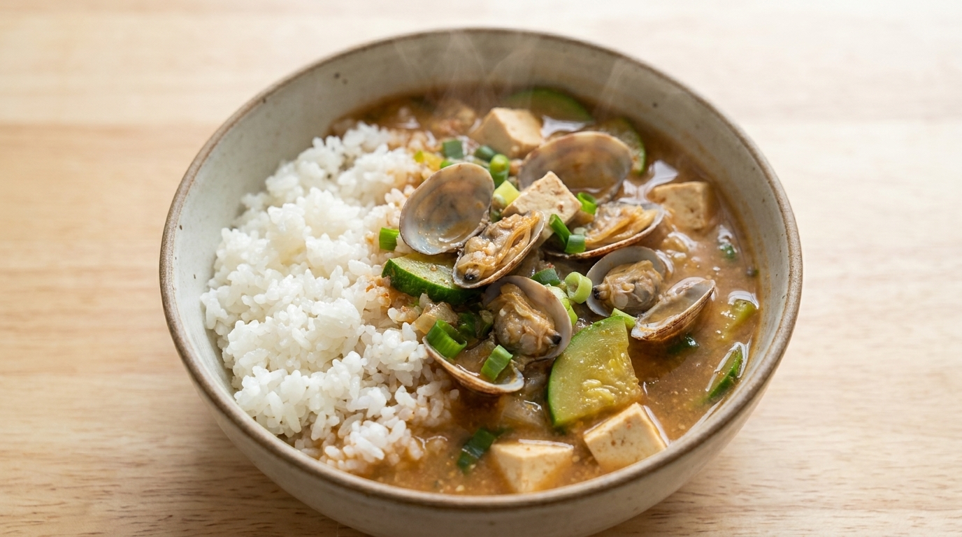 Un bol fumant de Doenjang-jjigae coréen servi avec un accompagnement de riz blanc.
