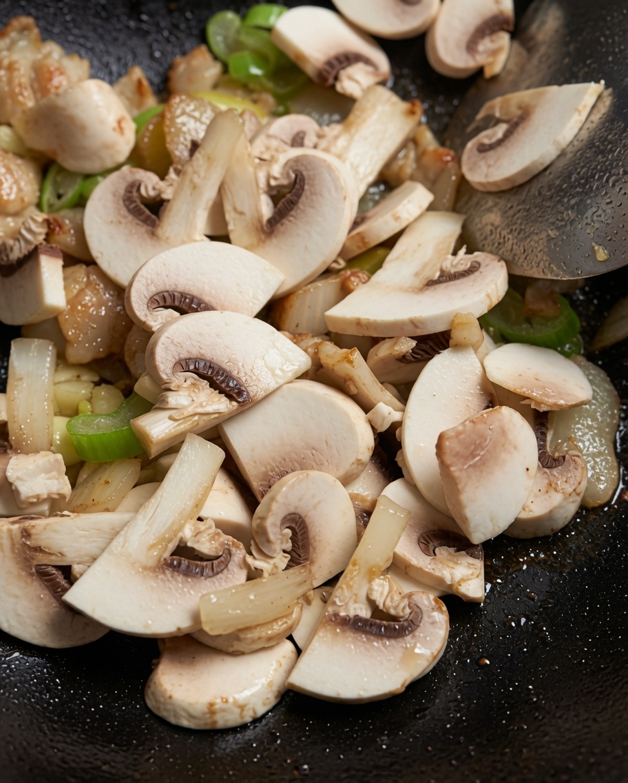 Champignons tranchés cuisant dans une poêle avec le porc et les aromates.