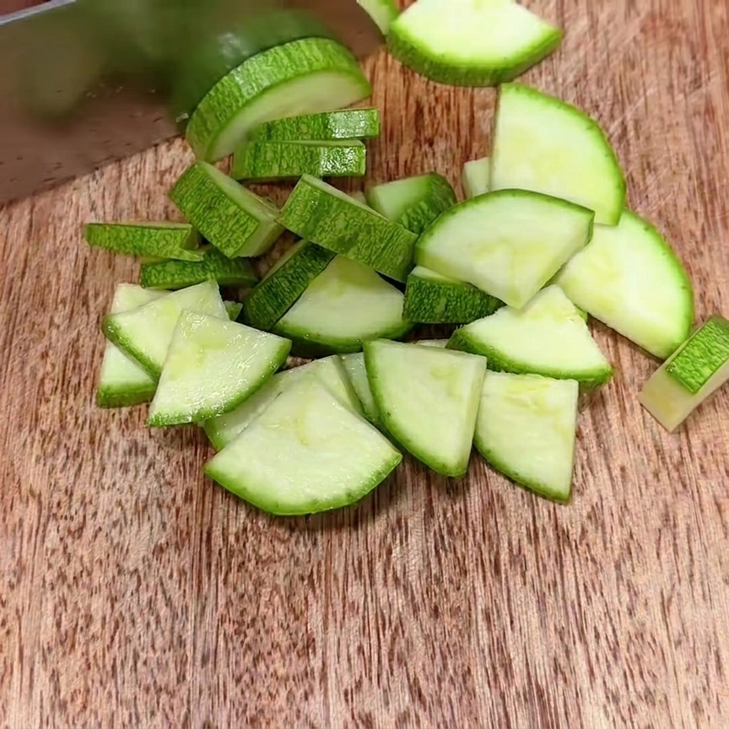Courgette verte fraîche coupée en petits morceaux uniformes sur une planche à découper en bois.