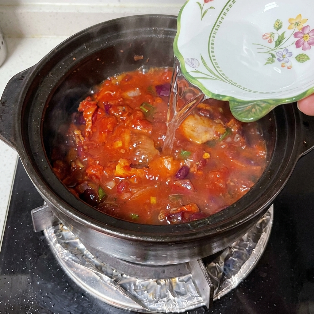 Un bol deau versé dans un pot en terre cuite foncé sur une cuisinière.