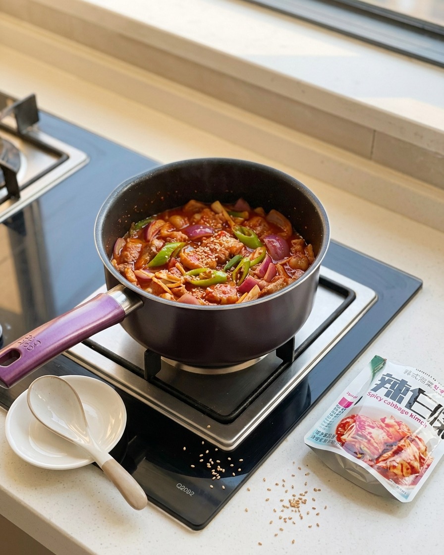 Faire sauter le kimchi avec le porc et les aromates dans une marmite.