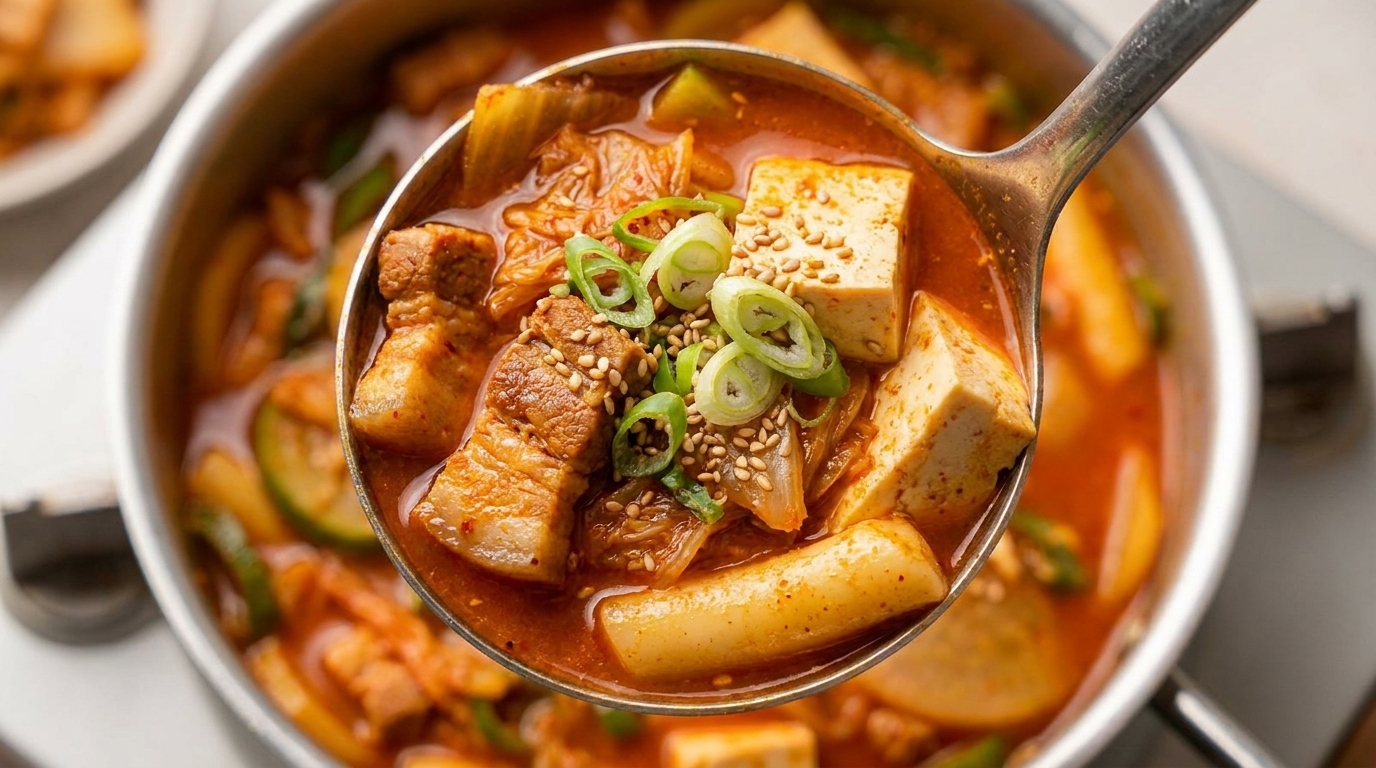 Ragoût épicé de poitrine de porc, gâteaux de riz et tofu