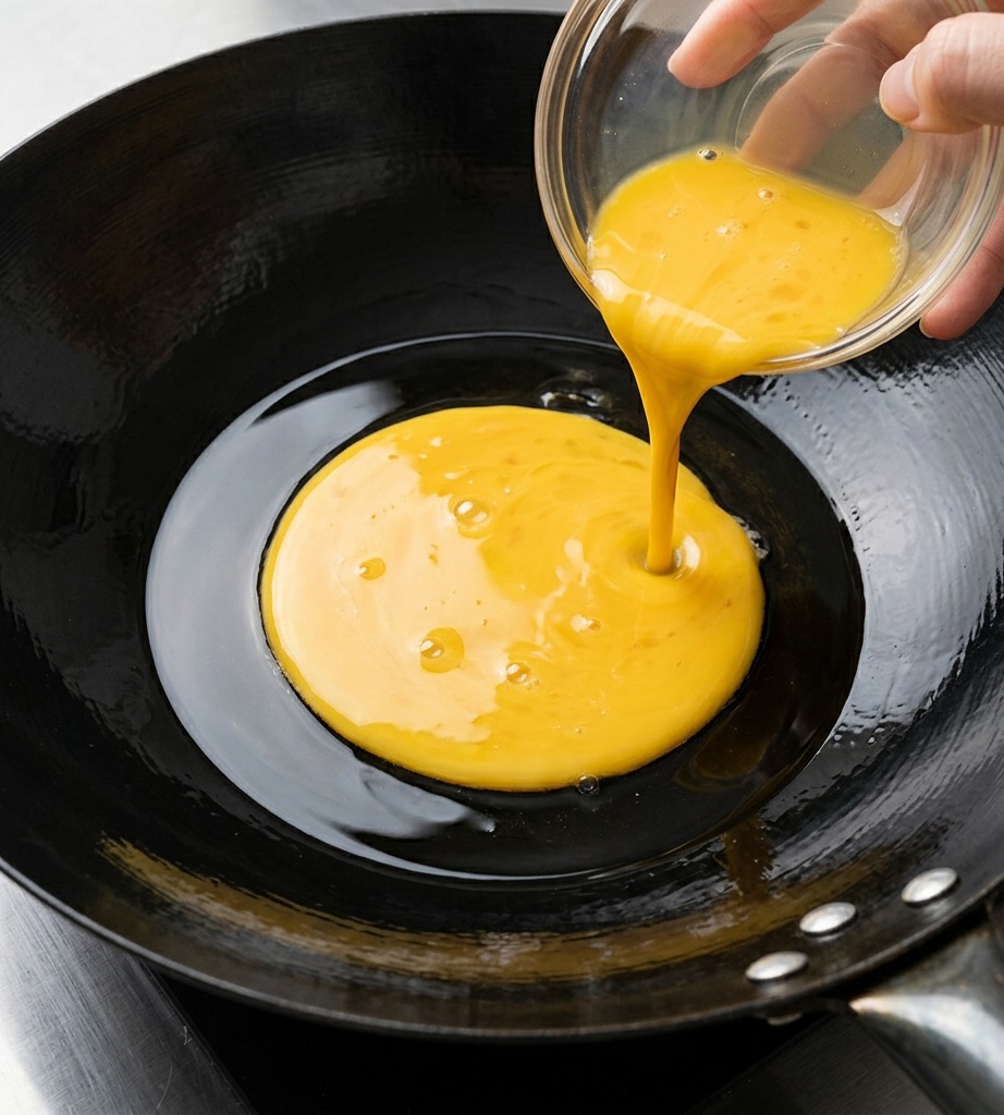 Œufs brouillés dans un wok chaud avec un peu dhuile, montrant une texture jaune et tendre.
