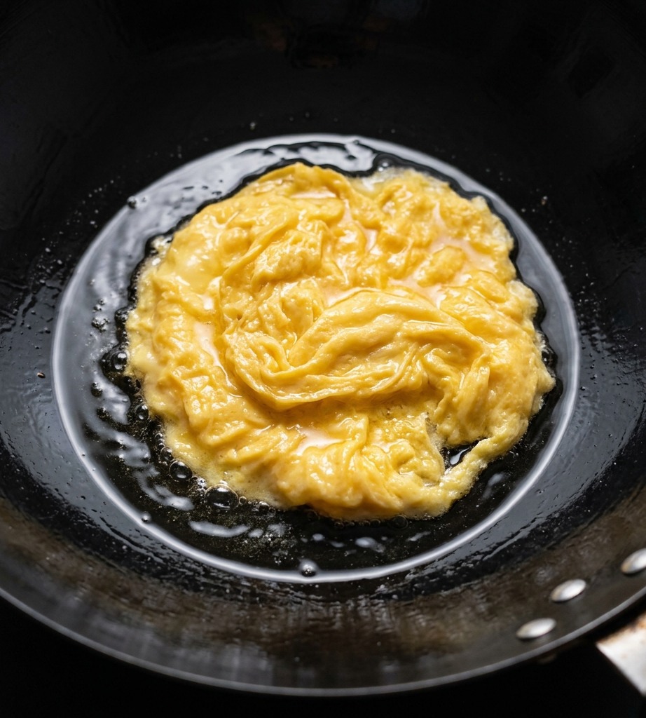 Eau bouillante versée dans un wok contenant des œufs brouillés, créant un bouillon léger et pétillant.
