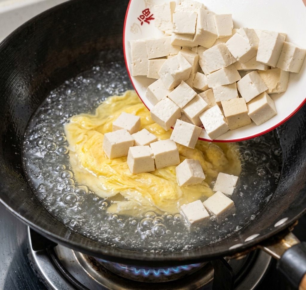 Cubes de tofu ajoutés dans une poêle de bouillon aux œufs frémissant.