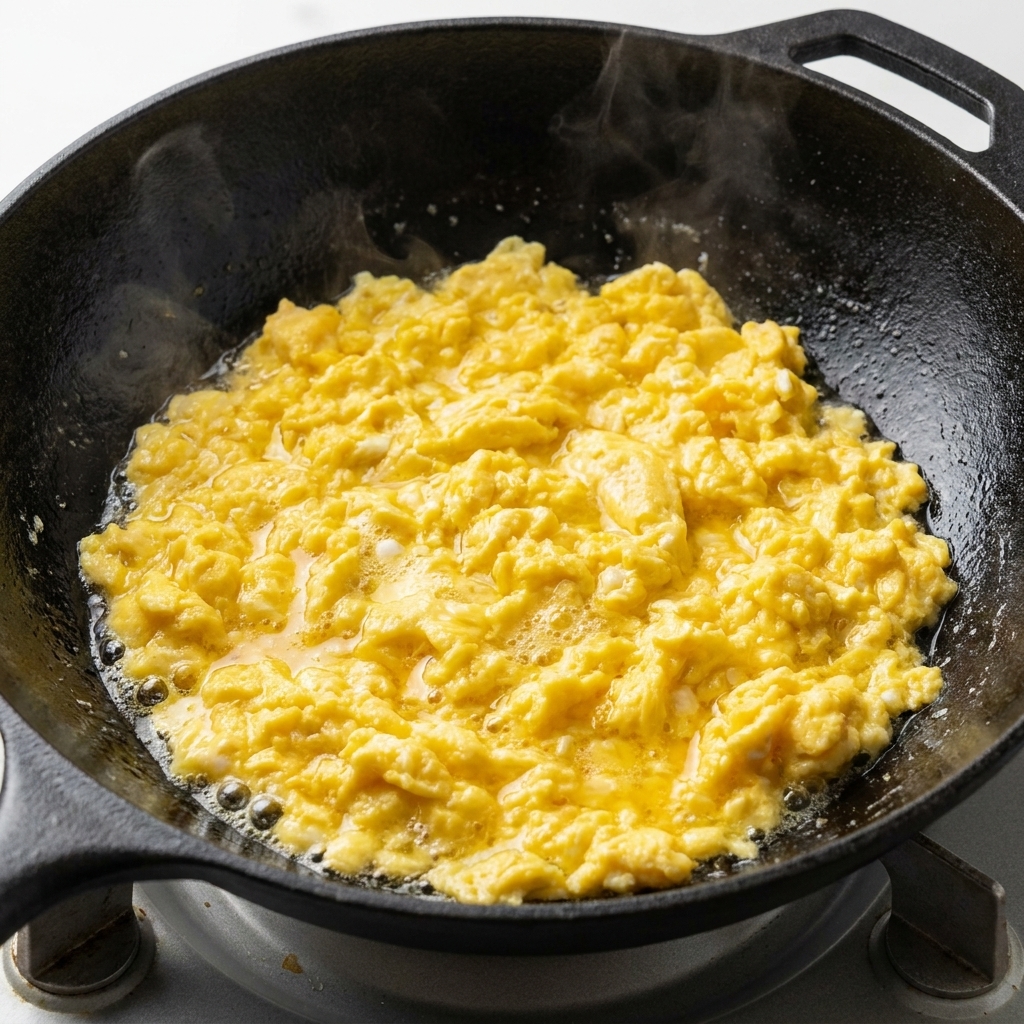 Mélange dœufs salés sauté, bouillonnant et parfumé dans un wok.