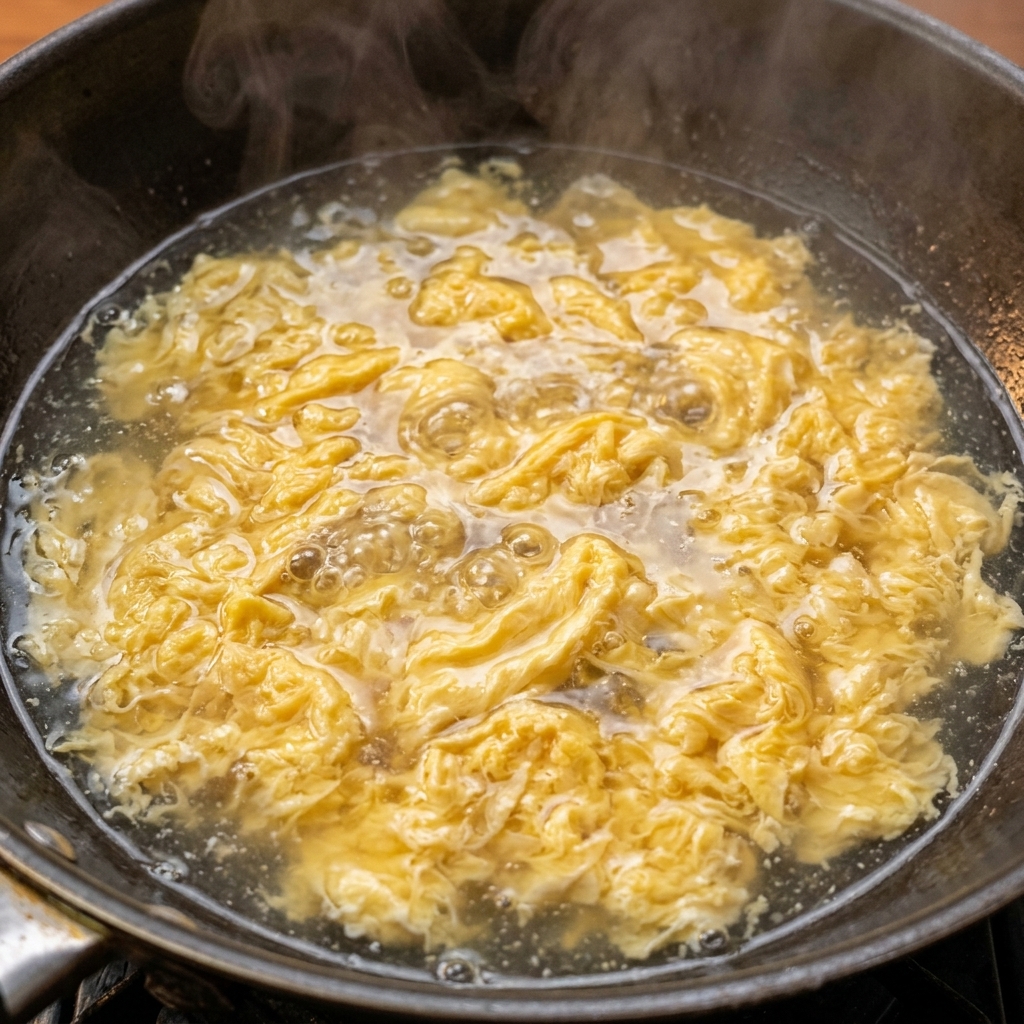 De leau bouillante versée dans un wok contenant les œufs salés cuits.