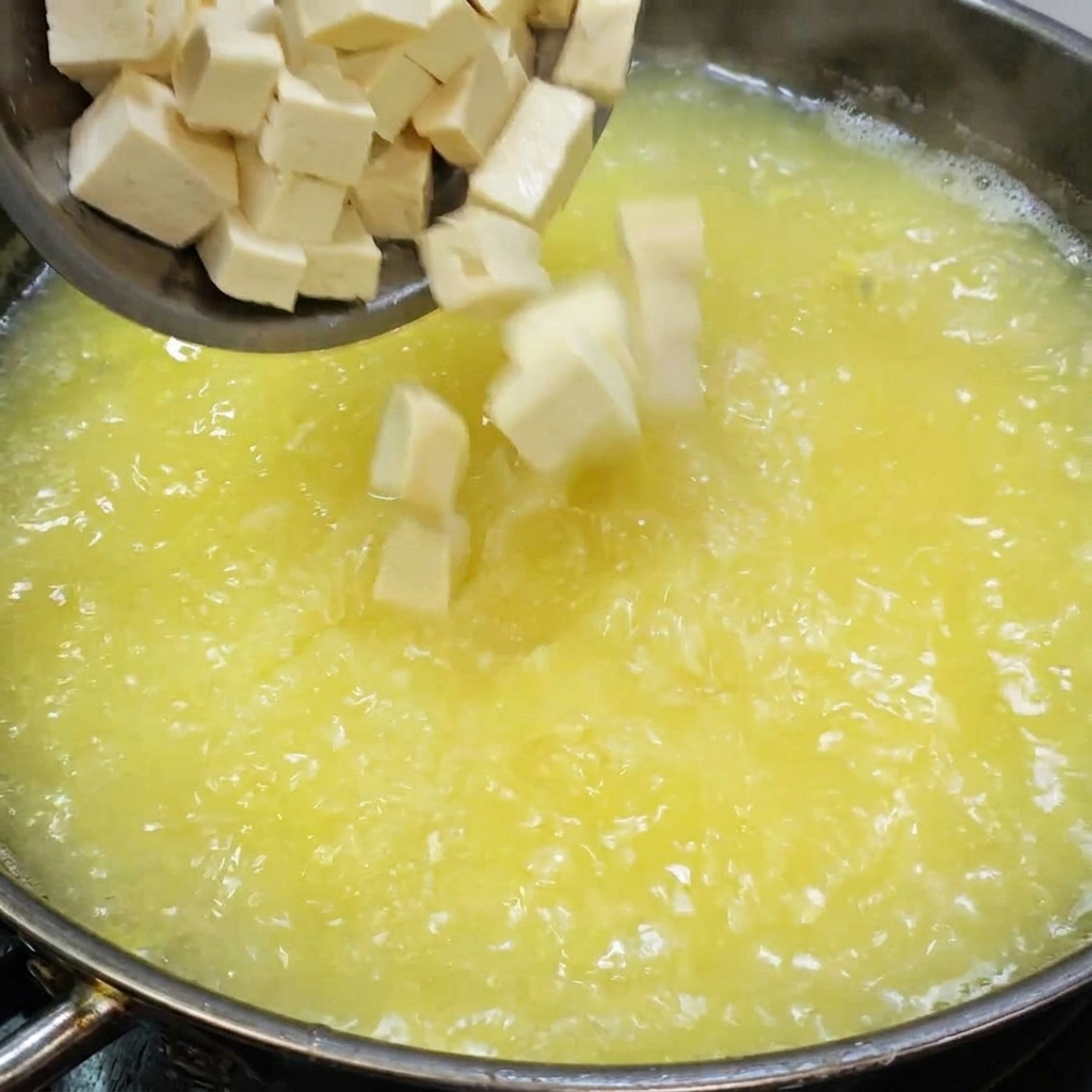 Cubes de tofu ajoutés dans une marmite de soupe aux œufs salés frémissante.
